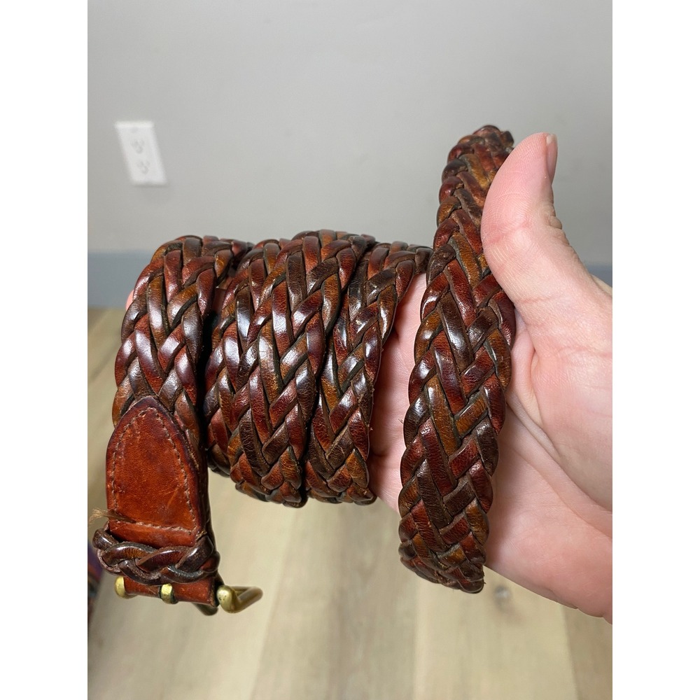 Cole Haan Mens Braided Genuine Leather Belt Brown Woven Solid Brass Italy 45. In